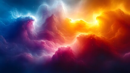 Naklejka premium A vibrant cosmic scene with swirling clouds in shades of blue, orange, and purple.