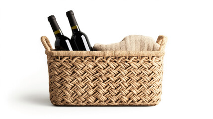 Woven basket containing two dark glass wine bottles and a folded beige cloth, isolated on a white background.