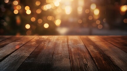 A close-up of a wooden table surface with a shallow depth of field. The wood is brown and has a slightly rough texture.