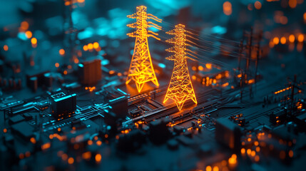 Futuristic Power Grid on Circuit Board Energy Infrastructure Concept