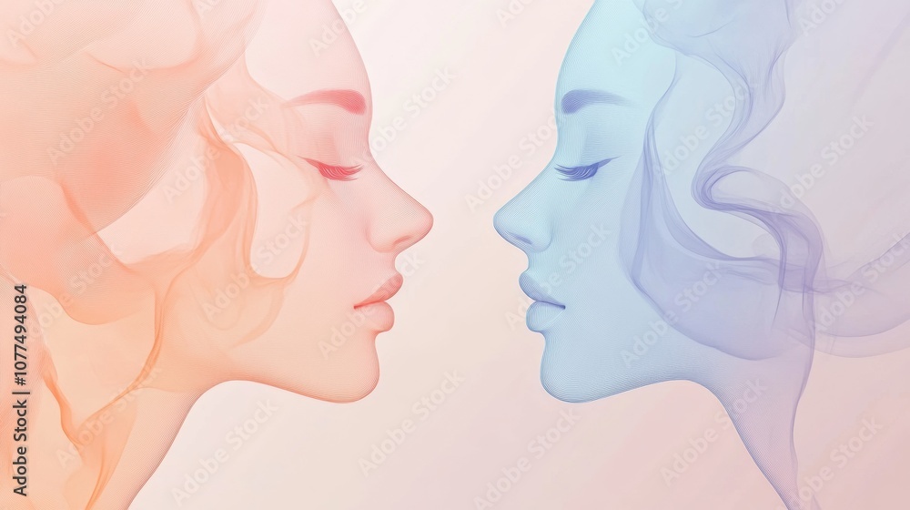 Aufkleber Two abstract faces in soft pastel tones embody the essence of communication and empathy, creating a serene connection between them. Generative AI