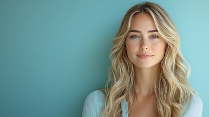 beautiful blonde woman with long hair, smiling and looking at the camera against a light blue background