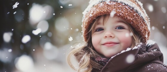 A joyful child bundled in a brown winter coat and hat, smiles amid a gentle snowfall, capturing the essence of carefree childhood adventure.