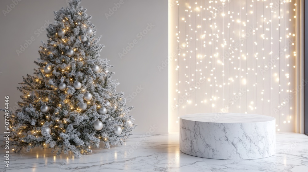 Poster a decorated christmas tree sits in a room with a white marble floor and a wall decorated with white 