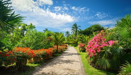 tropical garden path with blooming flowers under blue sky