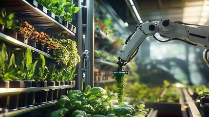 Robotic arm harvesting plants in a state-of-the-art vertical farm.