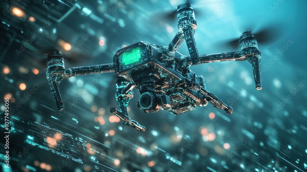 Poster a futuristic drone with a digital display, flying against a backdrop of glowing blue lines and data.