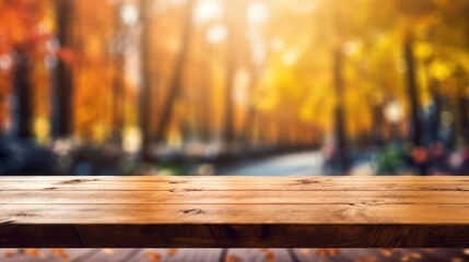 Fototapeta premium Wooden Tabletop with Autumnal Forest Background
