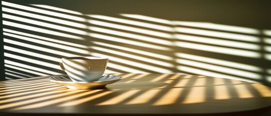 The gentle play of striped shadows frames a lone coffee cup on a wooden table, evoking a moment of solitude and contemplation.