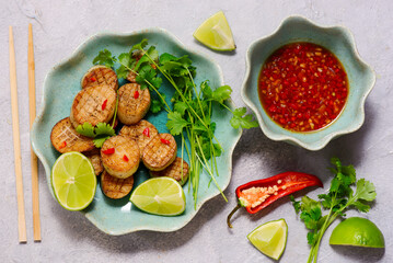 King Oyster Mushrooms with Chili, Lime and Cilantro .selective focus
