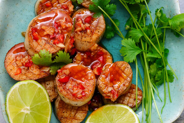 King Oyster Mushrooms with Chili, Lime and Cilantro .selective focus