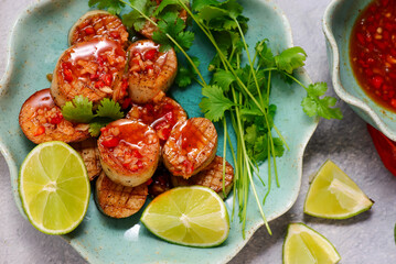 King Oyster Mushrooms with Chili, Lime and Cilantro .selective focus