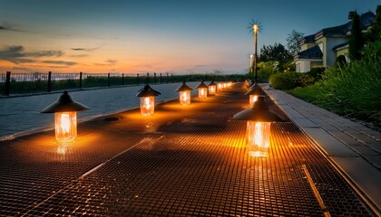Fototapeta premium a row of solar lights are lit up on a sidewalk