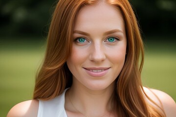Naklejka premium portrait young woman redhead smile looking at camera, park with tree on background