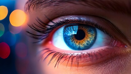 Obraz premium Close up of eye surrounded by neon bright lights subtle bokeh and light sparking