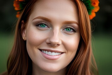 Fototapeta premium portrait young woman redhead smile looking at camera, park with tree on background