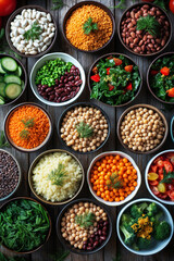 Variety of healthy plant-based foods arranged in bowls on a wooden table