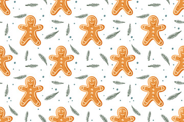 Seamless Pattern with Gingerbread Man cookie Christmas tree branches. Traditional Christmas baking with glaze drawing. Homemade cookie. Repeated background for wallpaper, scrap, wrapper.