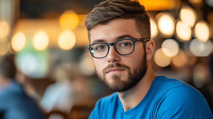 Obraz premium Young Man with Beard and Glasses Looking at Camera in Cafe
