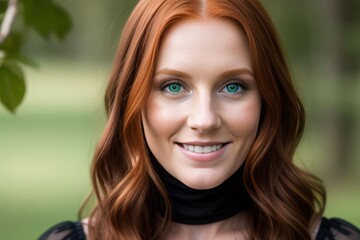 Fototapeta premium portrait young woman redhead smile looking at camera, park with tree on background