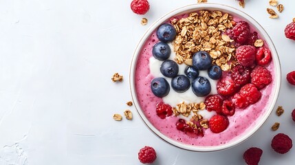 Modern white background with a healthy breakfast smoothie bowl topped with granola berries and nuts promoting morning routines superfoods and nutritious meals