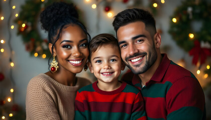 Beautiful multiracial family portrait with parents and young son smiling together against Christmas backdrop with bokeh lights and holiday decorations.
