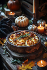 thanksgiving stuffing with rosemary on decorated table