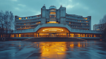 Fototapeta premium Soviet architecture captured at dusk with reflections on a wet plaza