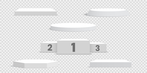 Set of white blank podiums on transparent background. Pedestals. Scene. Vector illustration.