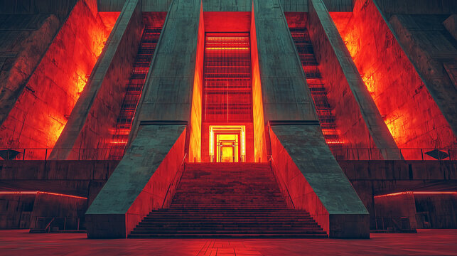 A monumental concrete staircase with red neon lighting creating a dramatic, futuristic atmosphere - Powered by Adobe