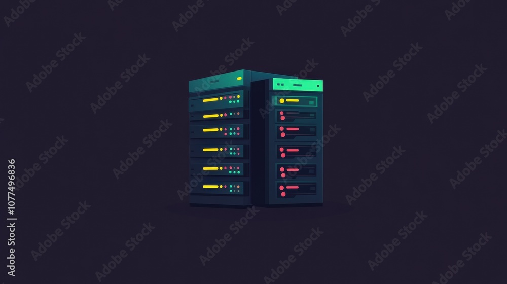 Poster a cluster of servers with blinking lights indicates data activity in a dark environment, emphasizing