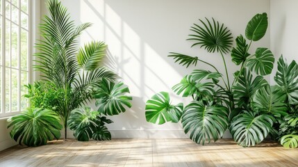Obraz premium Sunlight streaming through a window illuminates a bright, airy room with lush tropical plants.