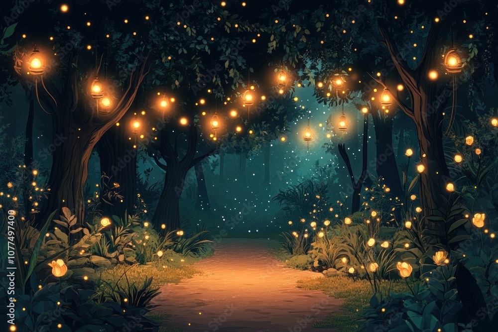 Poster a magical forest path illuminated by string lights and glowing fireflies at night.