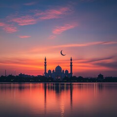 Naklejka premium Mosque and crescent moon, serene sunset, orange-pink sky, silhouette against twilight