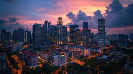 Obraz premium Illuminated Skyscrapers Against a Vibrant Sunset Sky