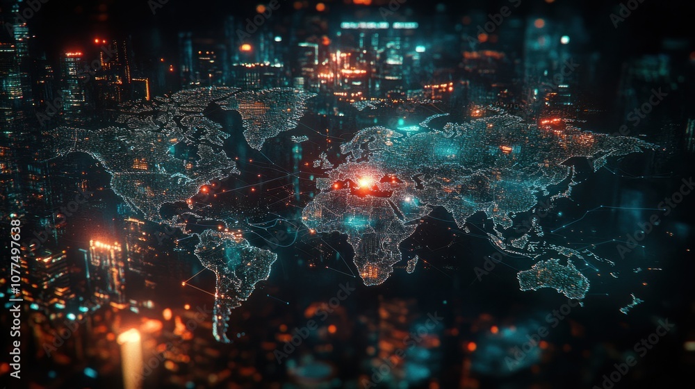 Aufkleber digital world map with connected lines and city lights in the background