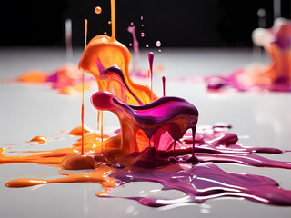 a highly saturated, cinematic close-up photograph of vibrant neon paint blots scattered randomly on a pristine white canvas, with the paint's smooth, glossy texture and subtle sheen visible