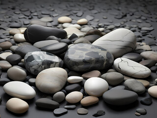 A mesmerizing, high-contrast, cinematic photograph featuring an abstract illustration of enormous, realistic, smooth stones against a backdrop of graduated grays, transitioning from pale gray to light
