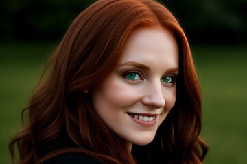 Obraz premium portrait young woman redhead smile looking at camera, park with tree on background