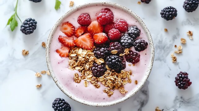 Modern white background with a healthy breakfast smoothie bowl topped with granola berries and nuts promoting morning routines superfoods and nutritious meals