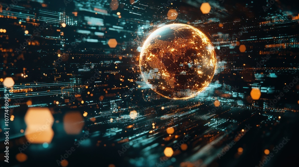 Poster illuminated earth globe surrounded by abstract digital data streams