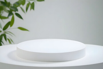 Empty white podium for product presentation with a . branch with leaves. White background. Cylinder pedestal. Ultra minimalistic background. Podium for product display. Stage for package.