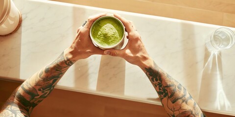 Tattooed Male Hands Holding Green Smoothie
