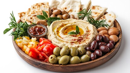 Neatly arranged platter of Mediterranean appetizers like hummus olives and pita bread on a white background promoting Mediterranean diet healthy snacks and cultural cuisine