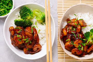 Shrimps in soy-honey sauce with rice and broccoli.selective focus