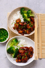Shrimps in soy-honey sauce with rice and broccoli.selective focus