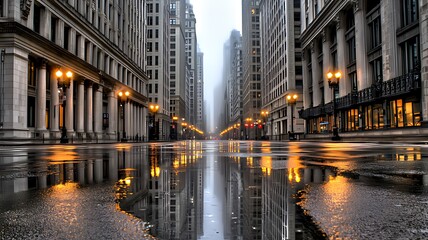 Obraz premium Empty city street with reflections in puddles after rain.