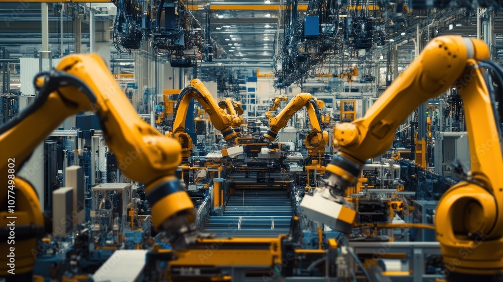 Poster industrial robot arms working on an assembly line in a factory