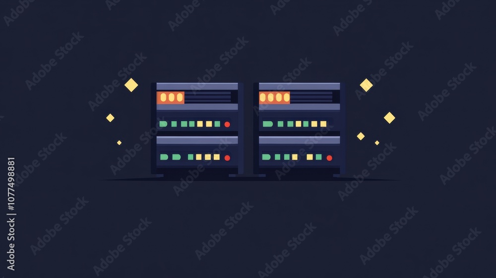 Aufkleber Two server units with blinking indicators are set against a dark background, highlighting their active status and processing functions. Generative AI