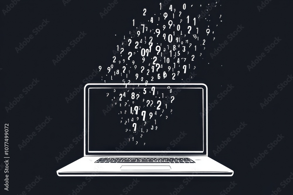 Leinwandbilder a laptop displays a cascade of falling numbers, symbolizing tech support and digital services in a m